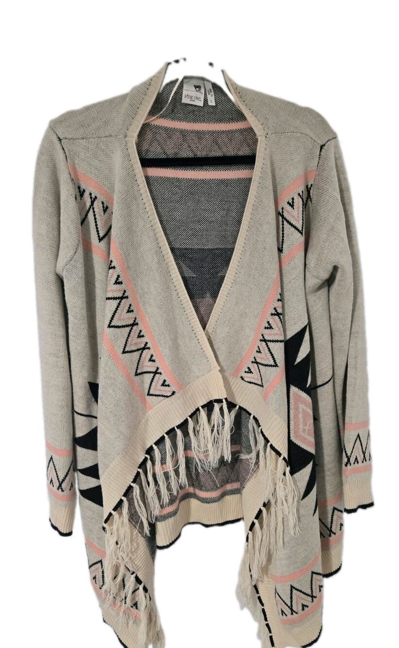 Pink Owl Aztec Bohemian Tribal style Open Front Cardigan w/ Fringe Pink Sz L